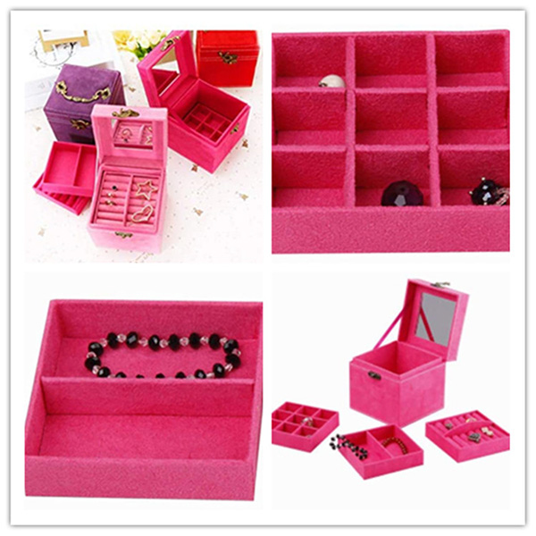 Caixa de joias para mulheres com espelho organizador de joias de três camadas com trava-2